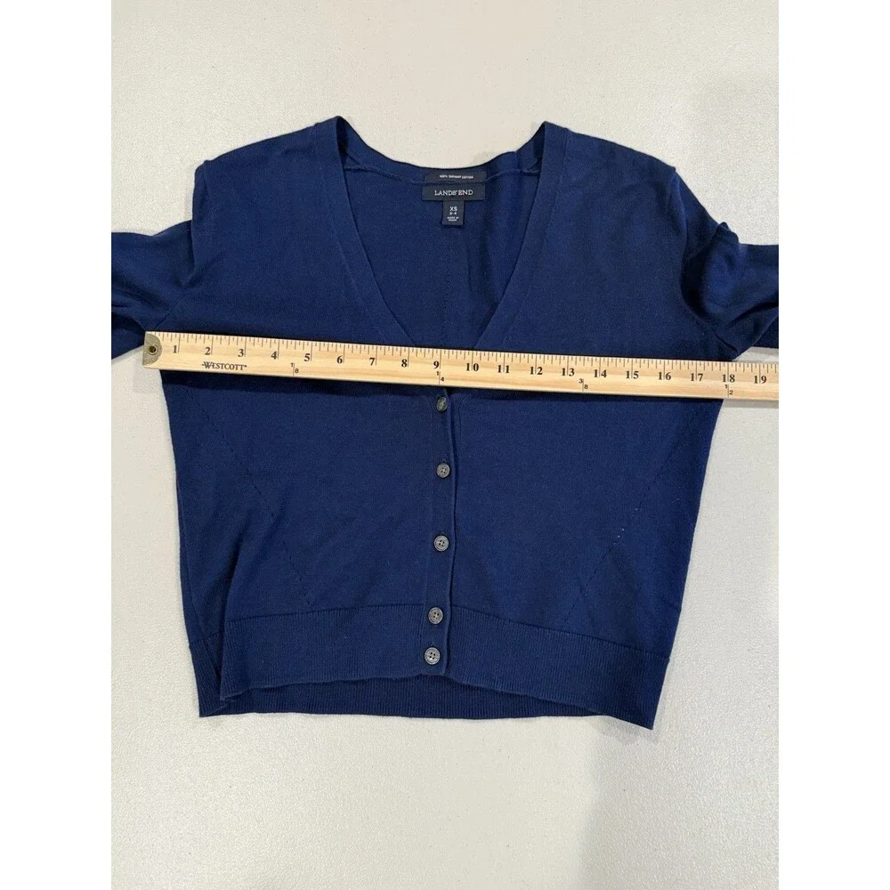 Lands End Cardigan Womens XS/S Blue 3/4 Sleeve Collegiate Preppy Academia Cotton
